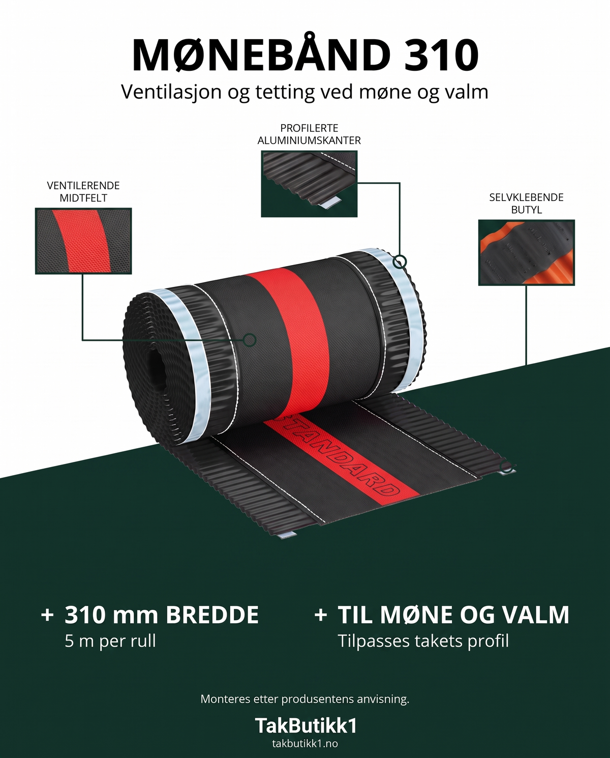 Eurovent MØNEBÅND 310 – ventilerende midtfelt, aluminiumskanter og butyl. 310 mm × 5 m. Grønn infografikk.