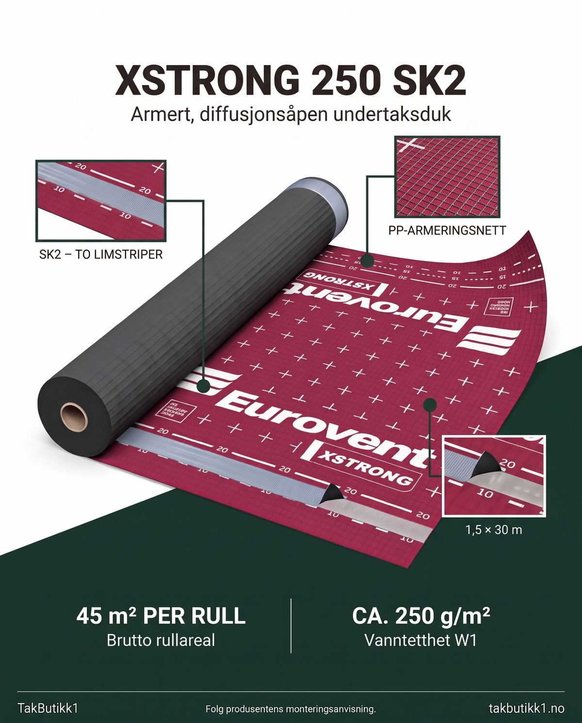 Eurovent® XSTRONG 250 SK2 – undertaksduk, 45 m² – grønn infografikk med produktdetaljer og rullstørrelse.